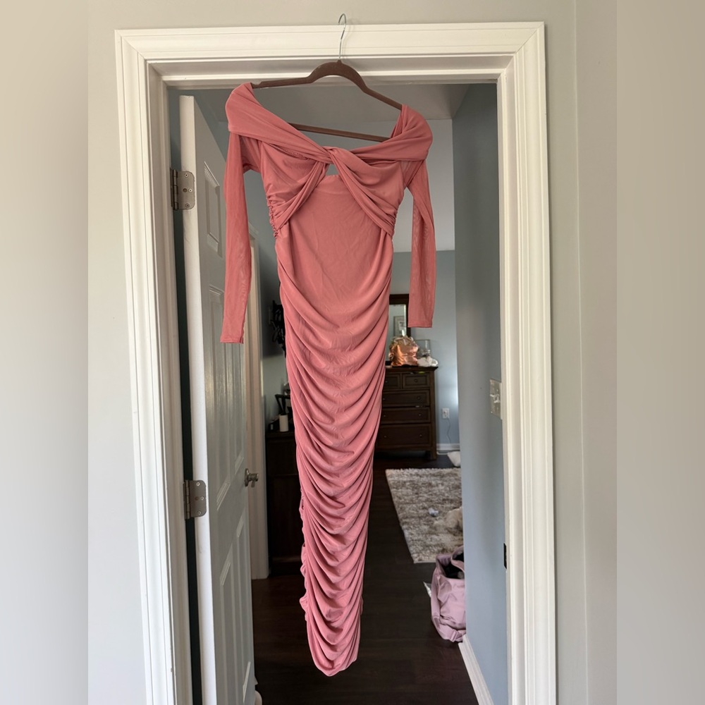 Midi Ruched Twist-Front Long Sleeve Dress - Dusty Rose